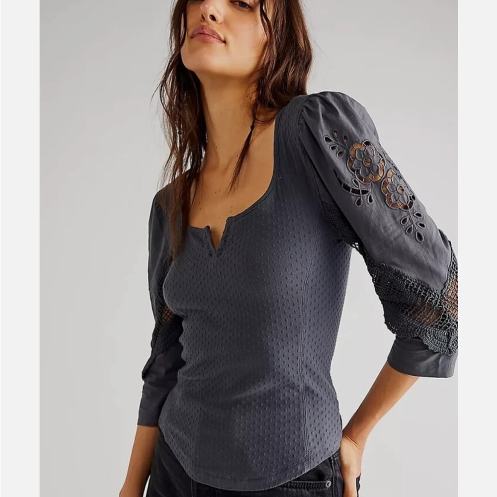 Free People Brunch Date Henley - Metal Stiletto (Gray) Shirt Blouse 3/4 Sleeves